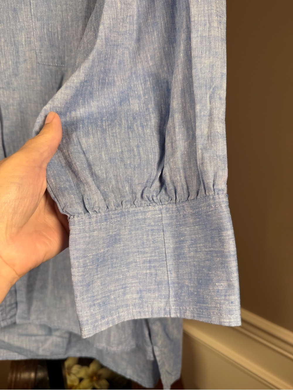Pomander Place XL Blue Linen Blend Button Front Shirt 3/4 Sleeve - Picture 3 of 6